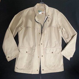 Vtg REI Co op beige utility cargo jacket/coat mens XL (packed hood) heavy canvas
